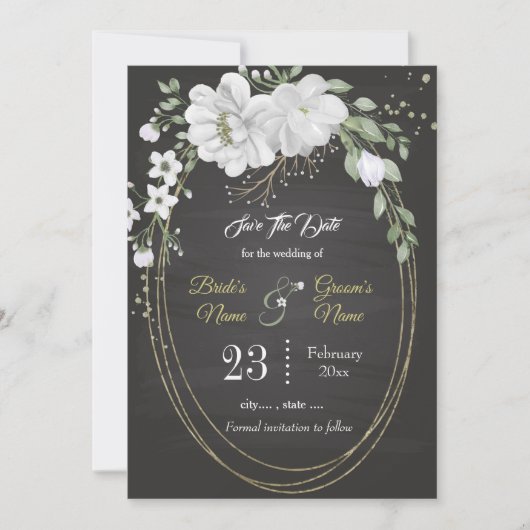 Romantische witte groene ovaal lijst zwart save the date (Voorkant)