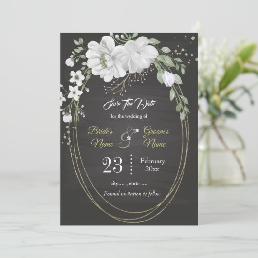 Romantische witte groene ovaal lijst zwart save the date (Staand voorkant)