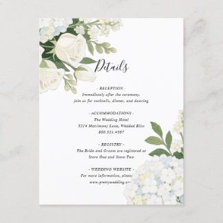 Romantische witte hortensia Roos Elegante bruiloft Informatiekaartje