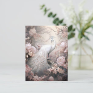 Romantische witte pauw en blos roze bloemen briefkaart