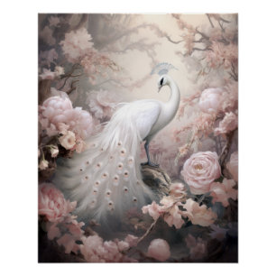 Romantische witte pauw en blos roze bloemen perfect poster