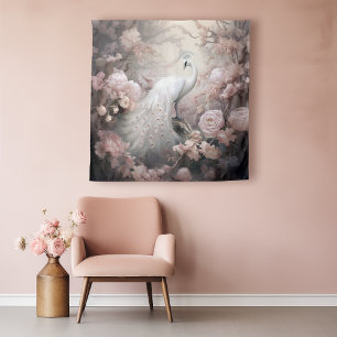 Romantische witte pauw en blos roze bloemen wandkleed