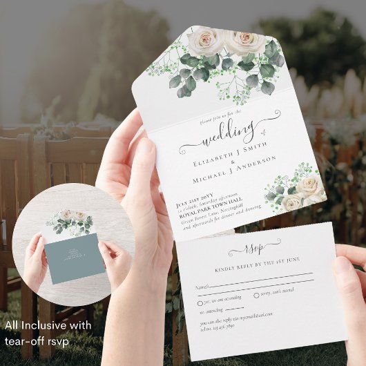 Romantische witte rozen all-inclusive bruiloft RSV All In One Uitnodiging