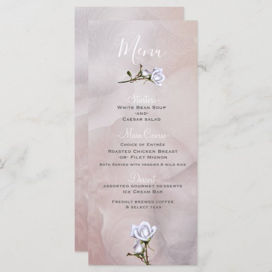 Romantische Witte Rozen Elegante Glam Wedding Menu (Voorkant / Achterkant)