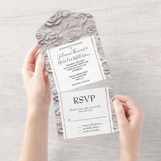 Romantische witte rozen faux lederen bruiloft all in one uitnodiging (Afscheurbaar)