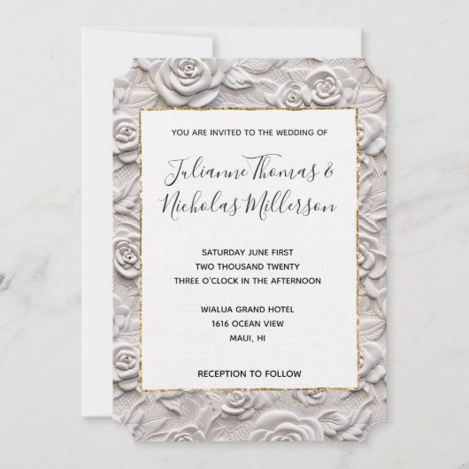 Romantische witte rozen faux lederen bruiloft kaart (Voorkant)