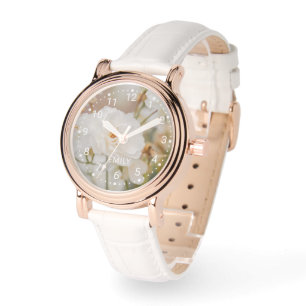 Romantische witte rozenbloemen foto en aangepaste  horloge
