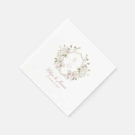 Romantische Zachte Blush Witte Monogram Crest Brui Servet (Hoek)