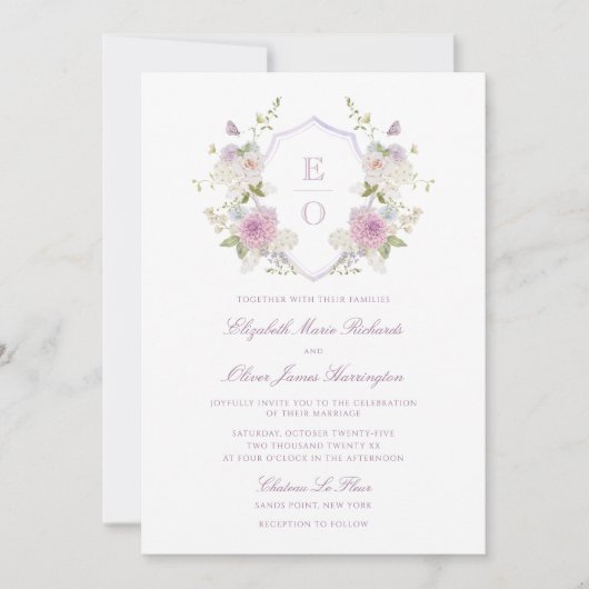 Romantische zachte pastel monogram crest bruiloft kaart (Voorkant)