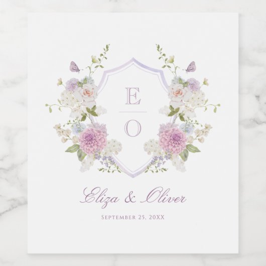 Romantische zachte pastel monogram crest bruiloft wijn etiket (Enkel label)