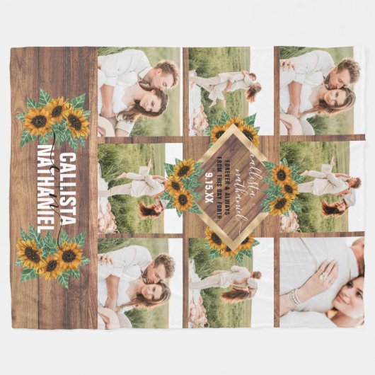 Romantische Zonnebloem Goud Wit Paar Fotocollage Fleece Deken (Voorkant (Horizontaal))