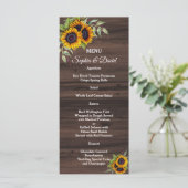 Romantische zonnebloemen houten trouwmenu menu (Staand voorkant)