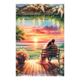 Romantische Zonsondergang Veranda Uitzicht Illustr Foto Afdruk