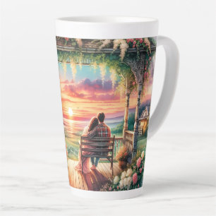 Romantische Zonsondergang Veranda Uitzicht Illustr Latte Mok