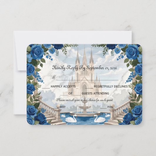 Romantische zwanen hoofdtrap sprookje RSVP kaartje (Voorkant)