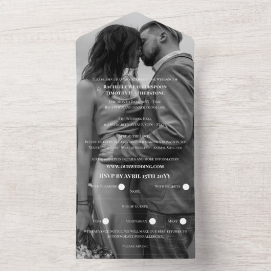 Romantische zwart-wit foto monogram bruiloft all in one uitnodiging (Binnen)