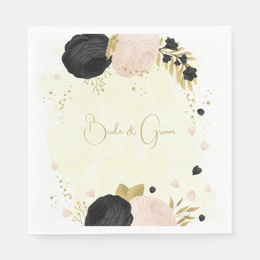 Romantische zwarte en roze bloemen goud servet (Voorkant)