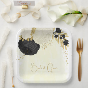 Romantische zwarte en witte bloemen goud papieren bordje