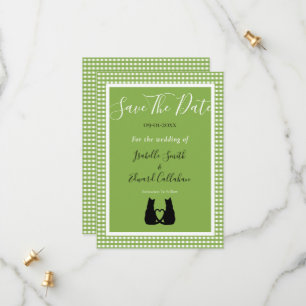 Romantische zwarte kat paar groene gingham patroon save the date