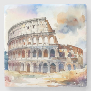 Rome Coliseum, Italië, in waterverf stijl Stenen Onderzetter