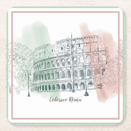 Rome Italië Colosseum en Italië Vlag Colors Sketch Vierkante Kartonnen Onderzetter