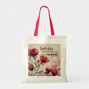 Romeinen 5:5 God's liefde bijbel vers rood roze bl Tote Bag