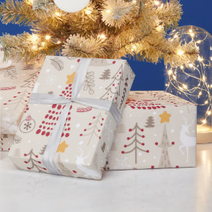 Romig wit, kerstboom en hert cadeaupapier