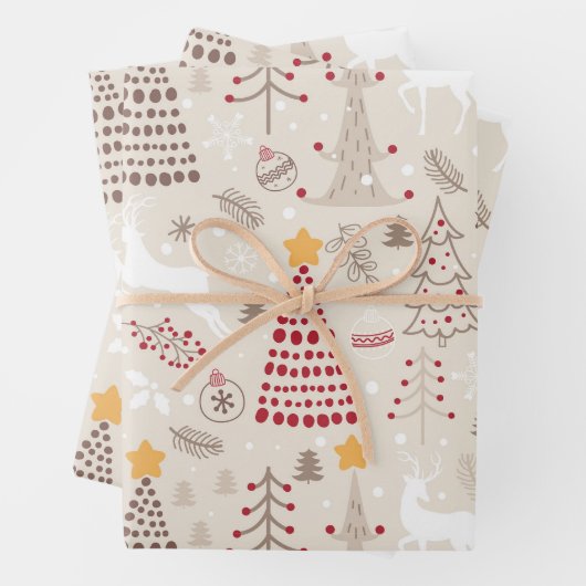 Romig wit, kerstboom en hert inpakpapier vel (In situ)