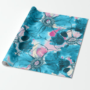 Rommelige blauwe en roze bloemen collagepatroon cadeaupapier