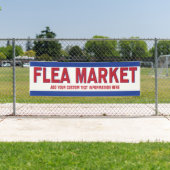 Rommelmarkt bord rood en blauw met aangepaste teks spandoek (Insitu)