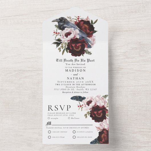 Romotische gotische waterverf raaf bloemige bruilo all in one uitnodiging (Binnen)