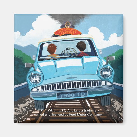 Ron & HARRY POTTER™ in vliegende auto naar HOGWART Magneet (Voorkant)