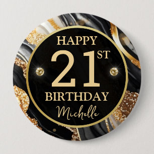 Rond 10 Cm Badge d'anniversaire Black Gold Glitter Agate