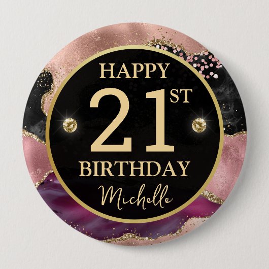 Rond 10 Cm Badge d'anniversaire en agate dorée rose (Devant)