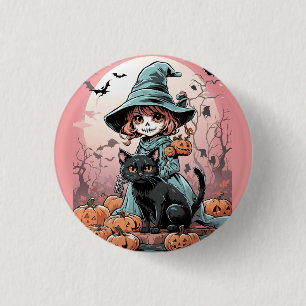 Rond 2,50 Cm Badge de sorcière zombie Halloween avec chat noir