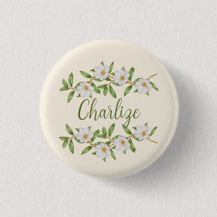 Rond 2,50 Cm Nom personnalisé Badge Pin Fleurs blanches Filles 