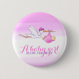 Rond 5 Cm Bébé fille cigogne rose aquarelle bouton badge