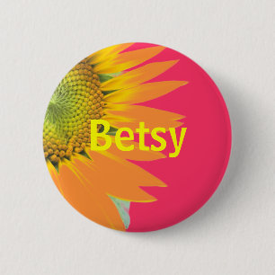 Rond 5 Cm Betsy Tournesol Rose et Jaune Badge Nom Clair