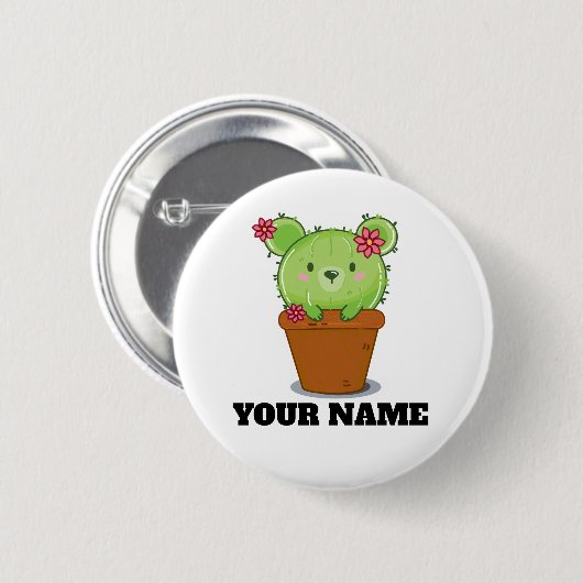 Rond 5 Cm Kawaii Cactus Bear in Flower Pot Button Badge (Devant & derrière)