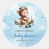 Rond Adorable Boy Shower Teddy Pilot Airplane Sticker (Devant)