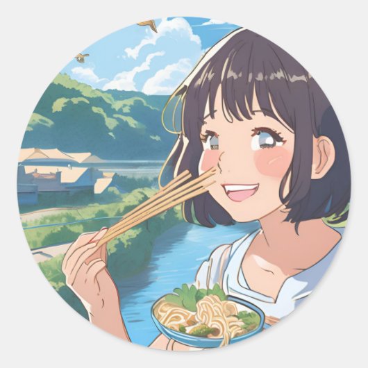 Rond Anime fille manger ramen sticker (Devant)