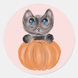 Rond Aquarelle Cute Chat et Sticker Citrouille