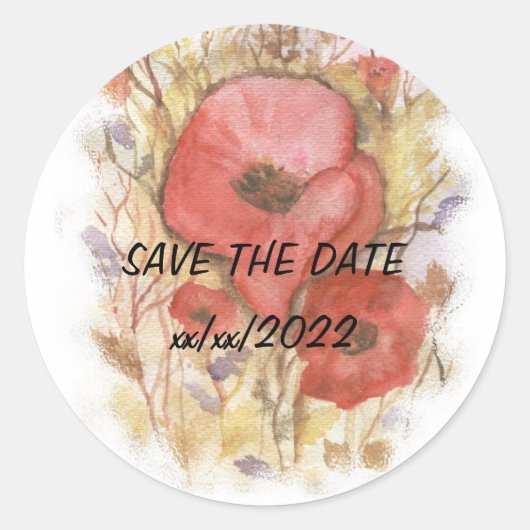 Rond Aquarelle rouge pavot ENREGISTRER LA DATE Sticker (Devant)