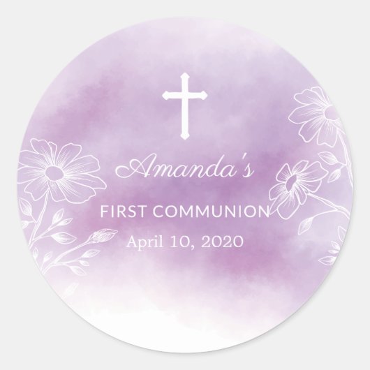 Rond Aquarelle violette Premier Sticker Communion (Devant)