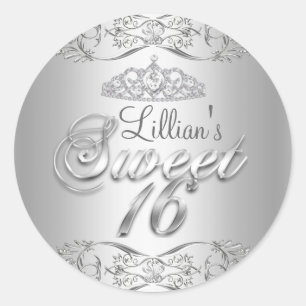 Rond Argent Damask & Diamond Tiara Sweet 16 Sticker
