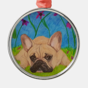 Rond Argenté Bouledogue français en ornement de fleurs