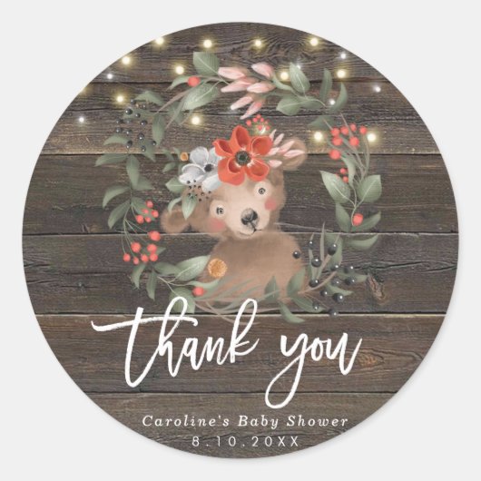 Rond baby shower en bois rustique merci sticker (Devant)