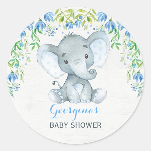 Rond Baby shower Sticker Merci Elephant garçon Faveurs (Devant)
