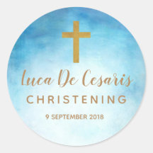 Bleu Aquarelle Gold Cross Christening sticker