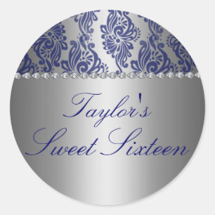 Rond Bleu & Argent Floral Print Sweet 16 Sticker